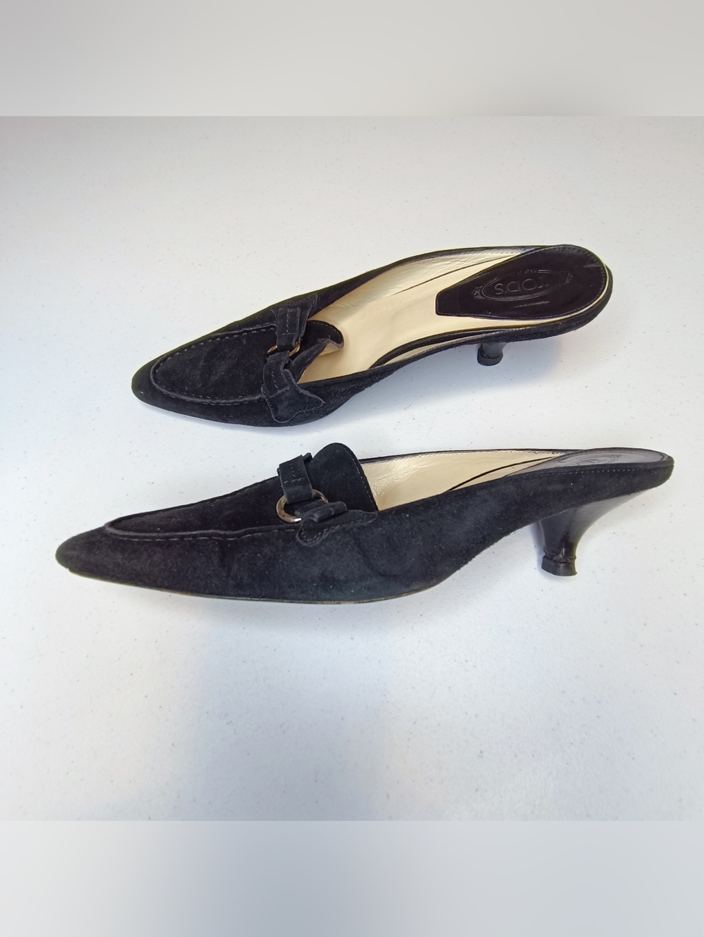 Tod's Black Suede Kitten Heel Mules Size 9